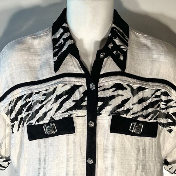 Kam Kam 80's Women's SZ L Ivory & Black button down Grunge Edgy Moto Animal - Picture 3 of 7
